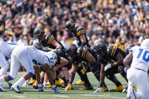 Senior defensive line Tyson Fernandez in the line of scrimmage facing Georgia State on Oct. 1.