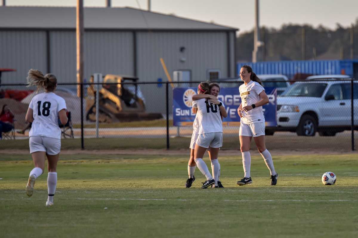 Senior Jane Cline and freshman Maggie Hanusek celebrate after a goal during Wednesday's win over ULL
Photo Courtesy: Michelle Stancil/App State Athletics 