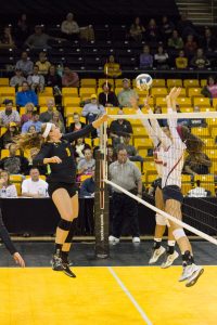Senior middle blocker, Ashton Gregory, spikes the ball against South Alabama on Friday evening. It was senior night for the girls and the game resutled in a loss for Appalachian State with the score being 2-3.
