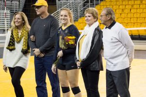 Senior librero, Olivia Reed, stands with her family after recieving flowers before the game against South Alabama on Friday evening. It was senior night for the girls and the game resutled in a loss for Appalachian State with the score being 2-3.