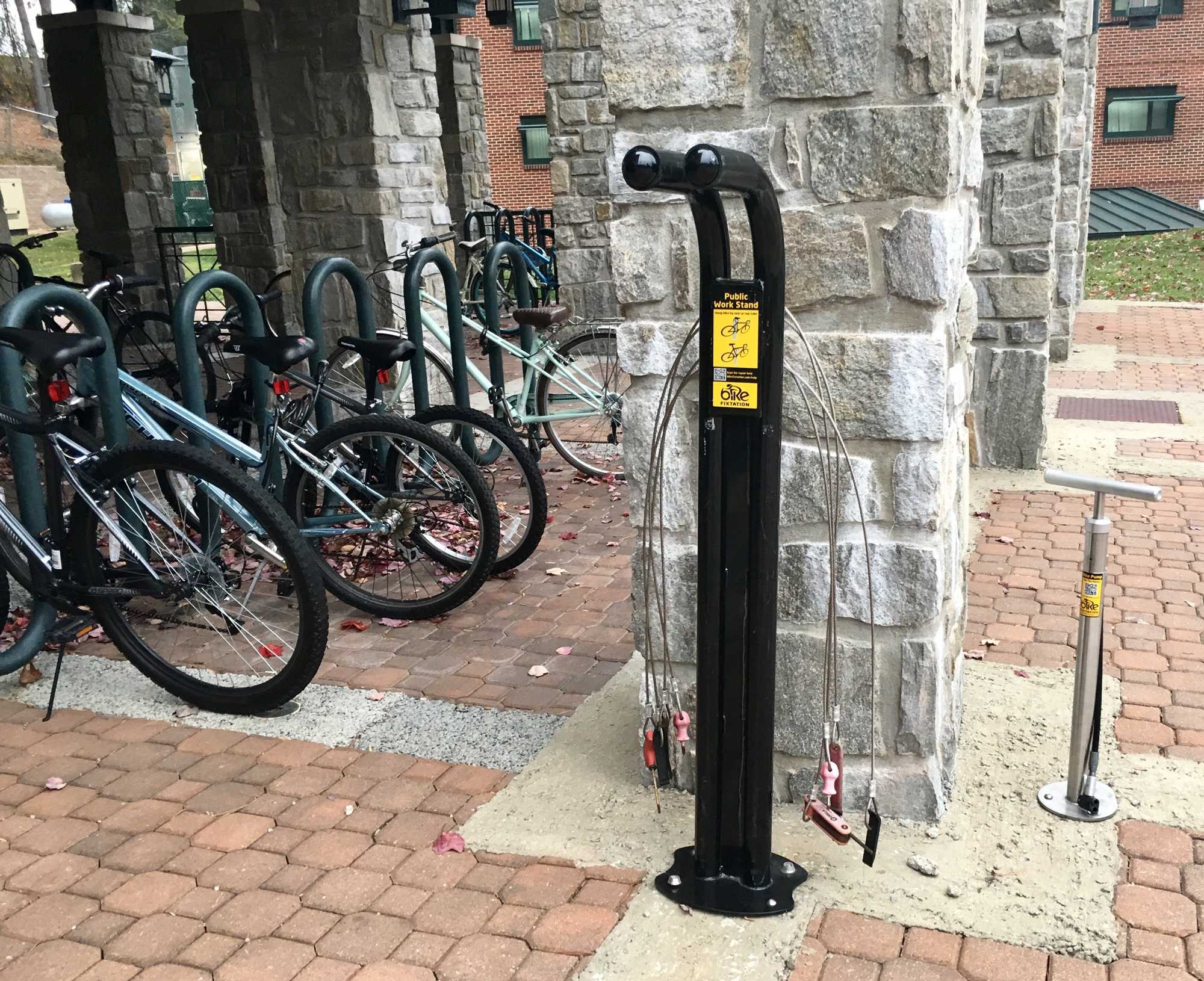 A bike work station set up outside one of the resident halls at Appalachian State. The Office of Substainabilitys Alternative Transportaion Sub Committee worked hard to set up many bike work stations around campus. The locations include, Lovill Hall, Frank Hall, Sanford Mall, Holmes Convocation Center, Walker Hall, Peacock Hall, and Katherine Harper Hall.