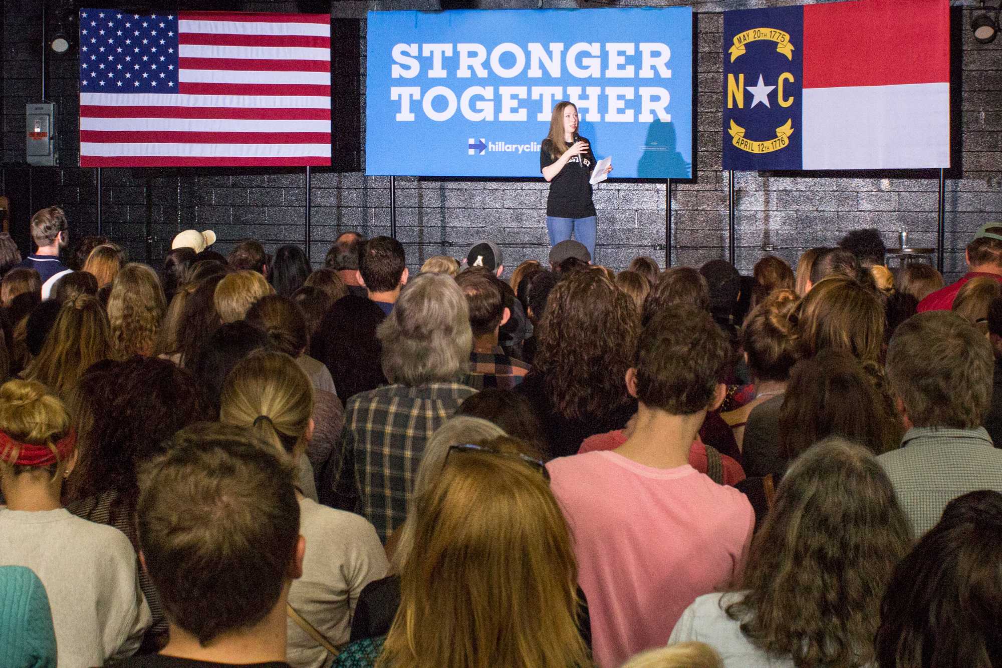 The daughter of Hillary Clinton, Chelsea Clinton, talks about her moms campaign and answers audience questions. Mrs. Clinton came to Legends on Thursday, October 27th in order to persuade people to go out and vote early. 550 people in total came out to the rally.