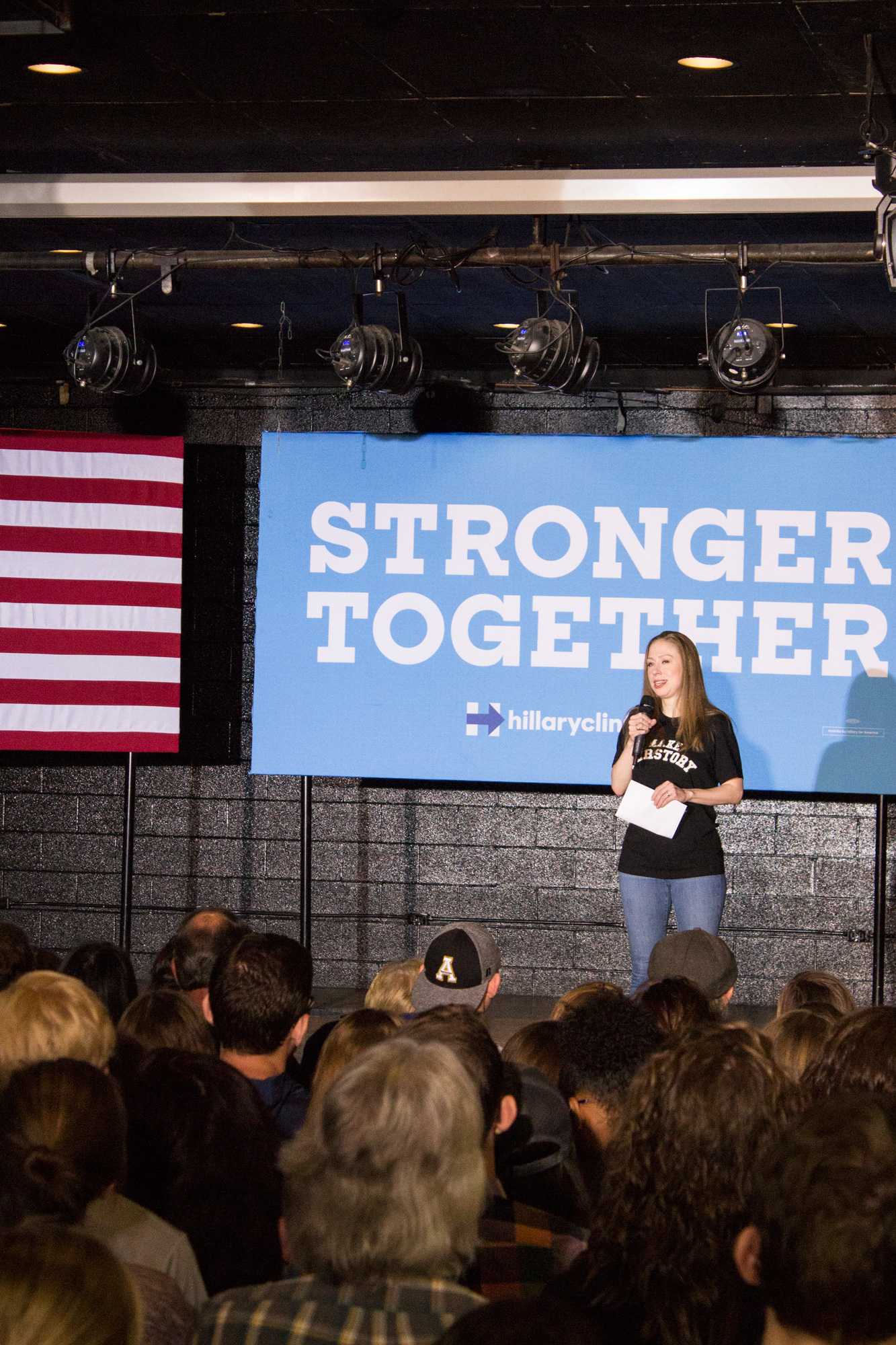 The daughter of Hillary Clinton, Chelsea Clinton, talks about her moms campaign and answers audience questions. Mrs. Clinton came to Legends on Thursday, October 27th in order to persuade people to go out and vote early. 550 people in total came out to the rally.