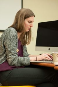 Librarian, Hannah Popem, writing a fantasy novel titled “Modern Retelling of a Folktale”. She had the idea to put NaNoWriMo together here at App where participants write a 50,000 word story by November 30th.