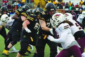 The defensive players during the game against UL Monroe. The Mountaineers defeated UL Monroe with the final score being 42-17.