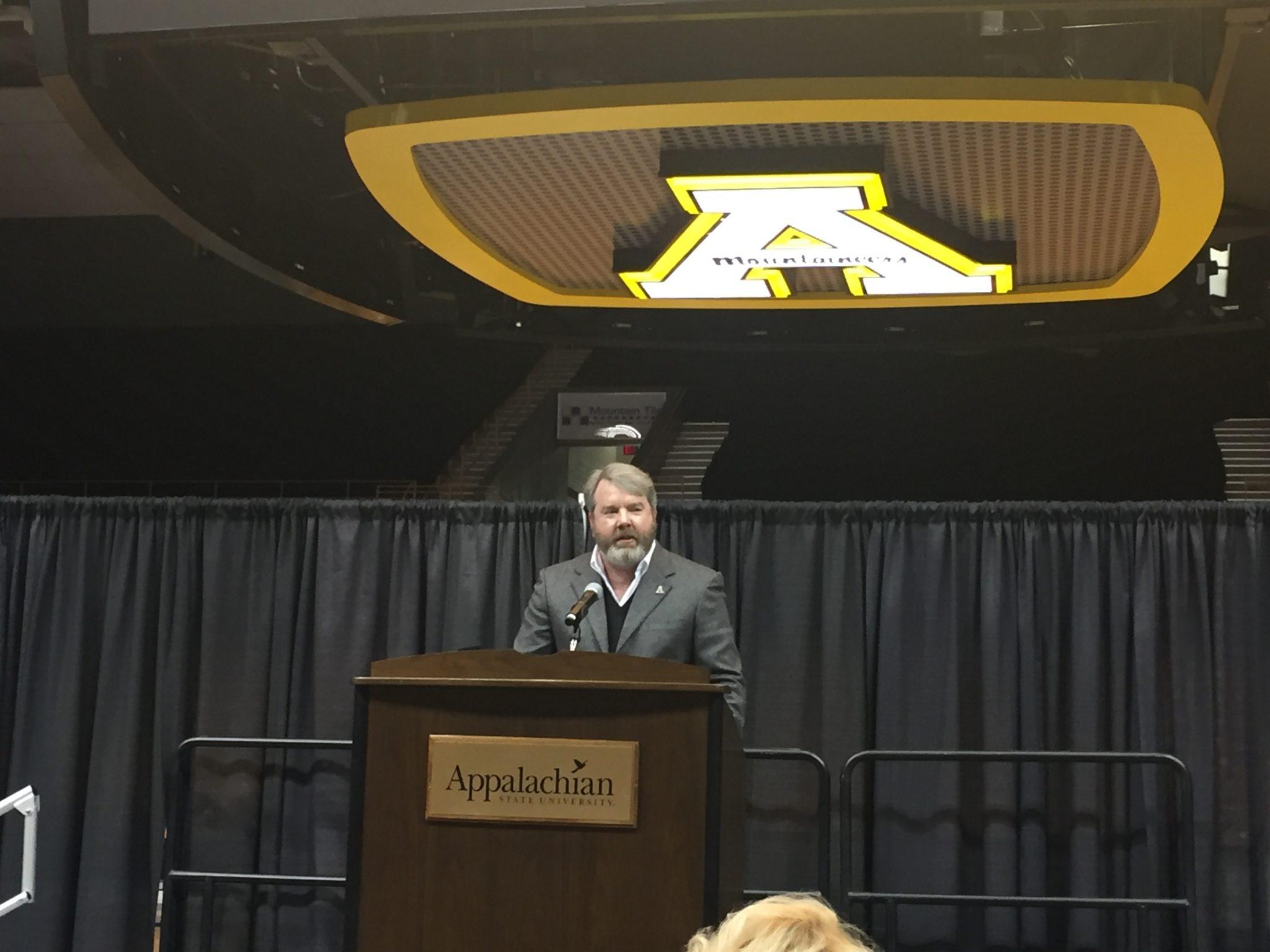 Mark Ricks, App State class of 1989, spoke in front of student-athletes, fans, App State faculty and coaches at a ceremony in Holmes Convocation Center on Thursday, November 9, 2017. He was appointed to the App State board of trustees on July 27, 2018. 