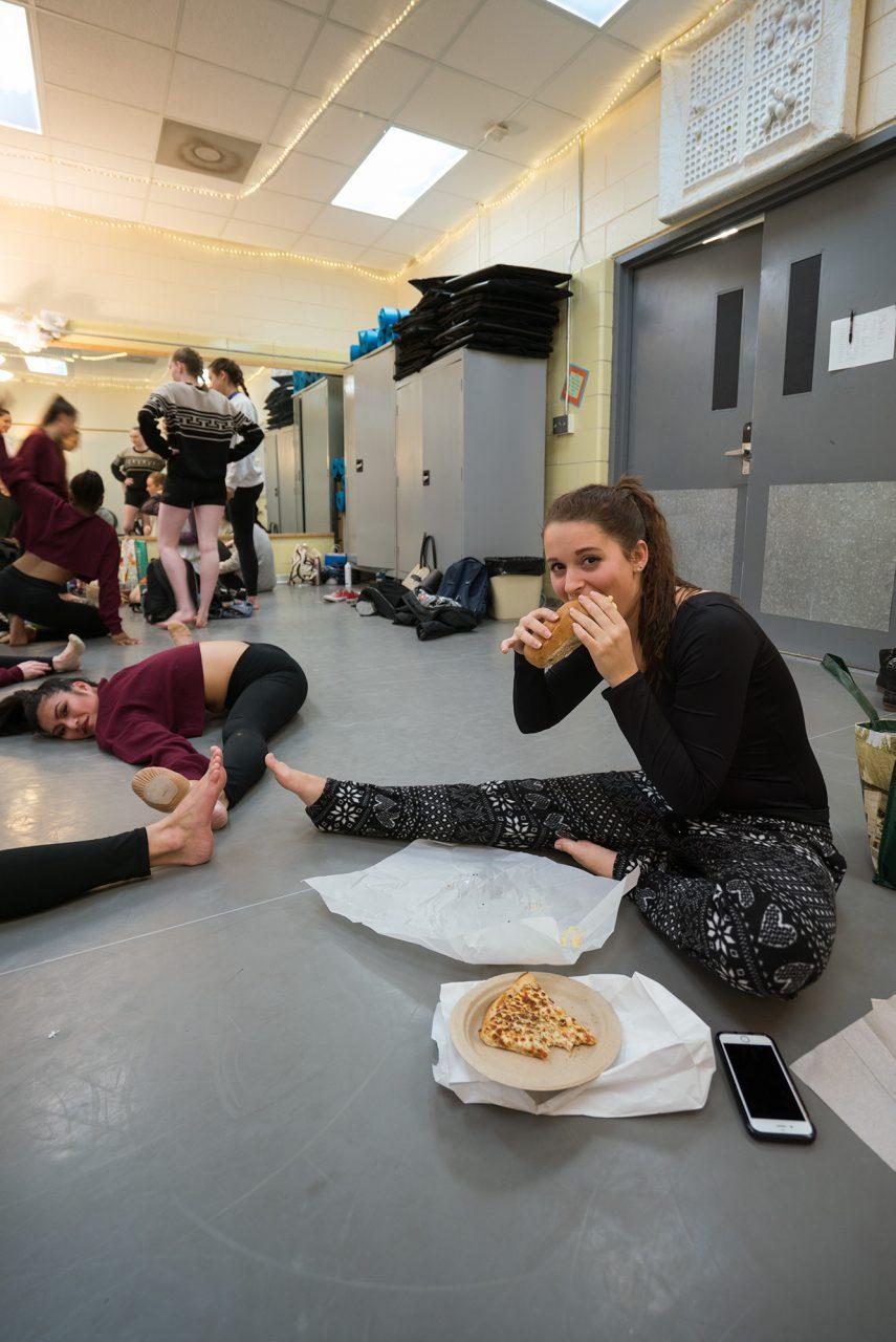 Lisa Conforti and LilyGrace Wolfe prepare themselves for the showcase backstage at the Varsity Gym Dance Studio. 