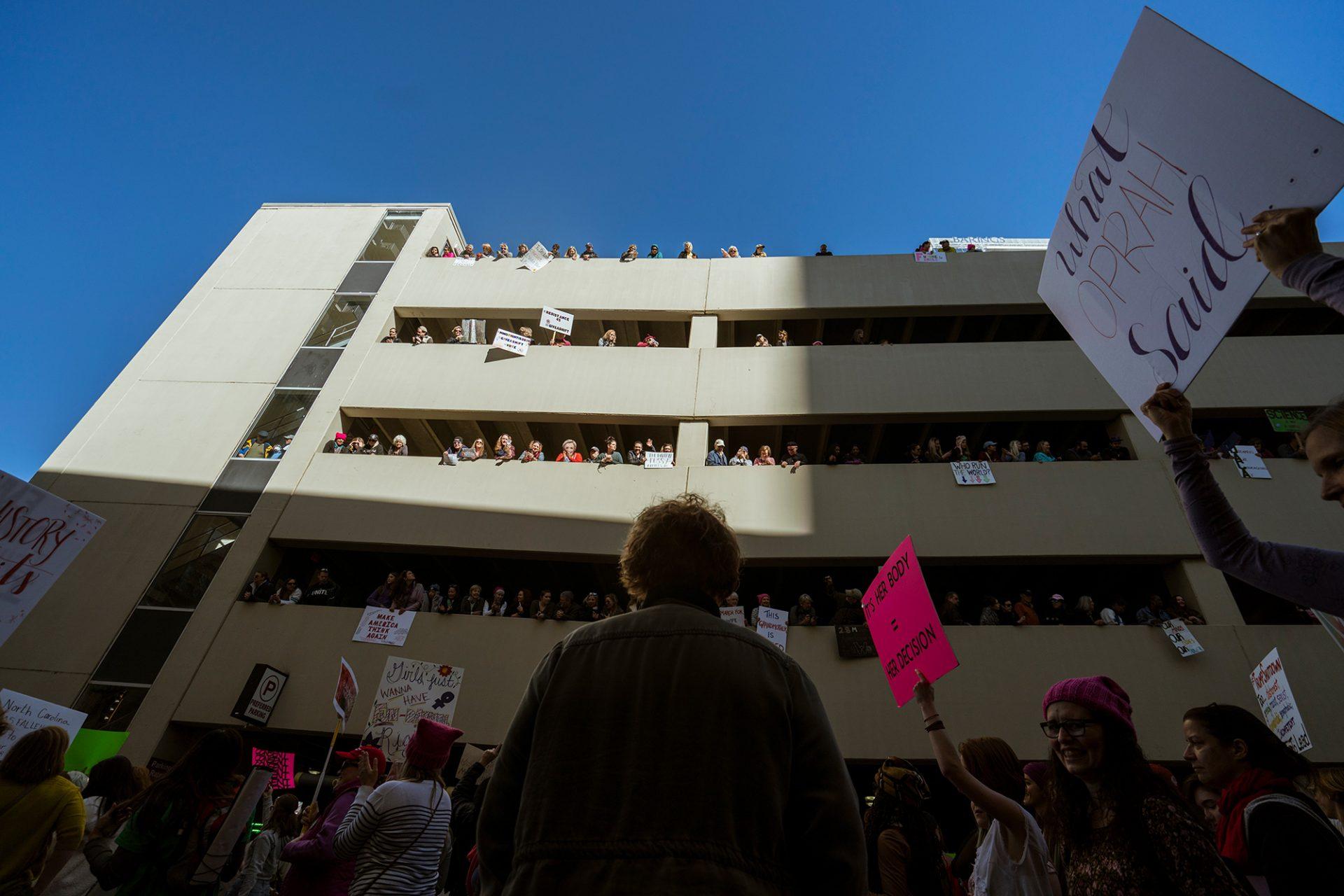 Supporters at the Charlotte Women’s March fill the floors of a parking garage downtown. 