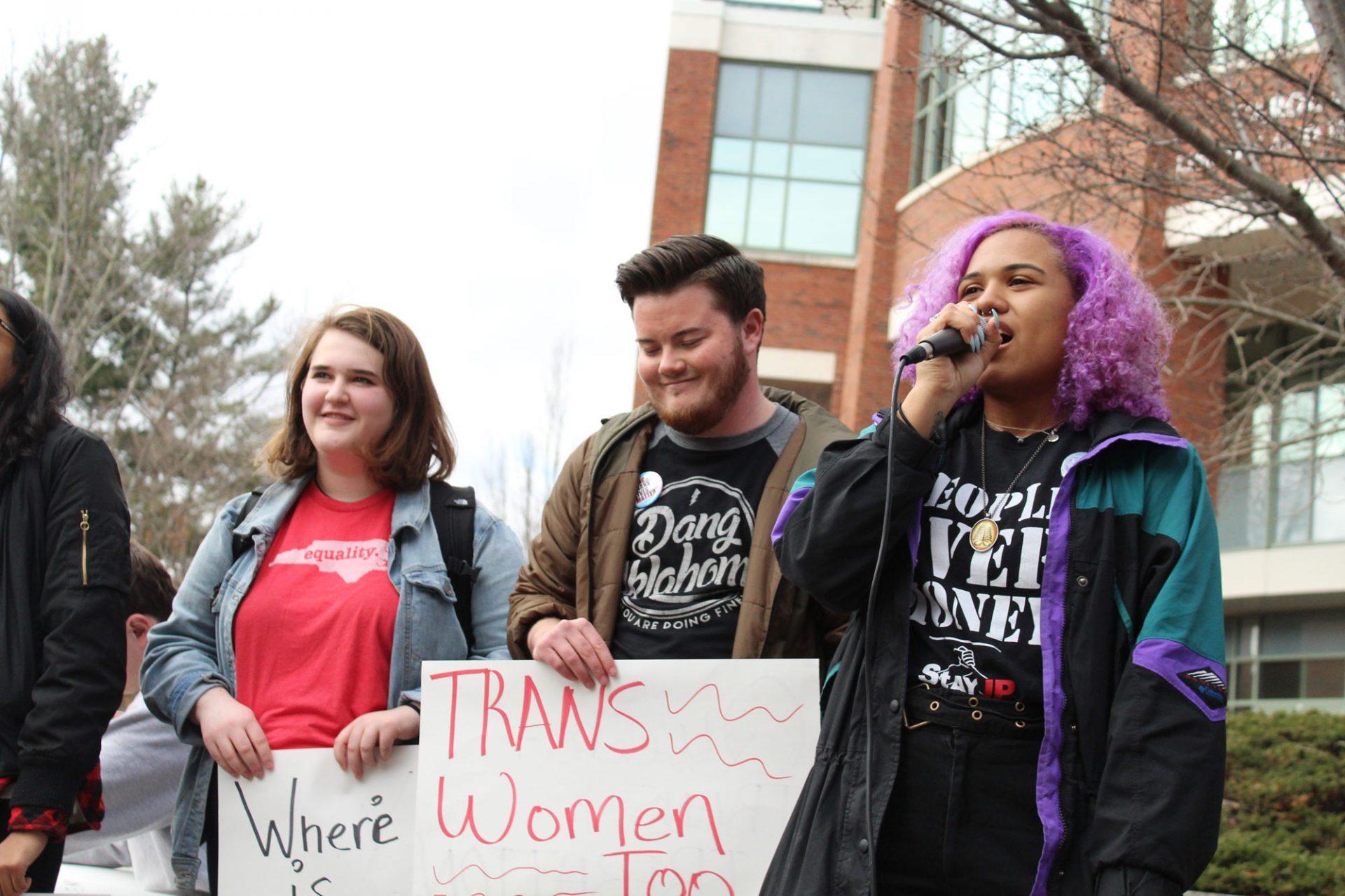 Avery Walters and other students meeting outside between the student union and the library to protest Speaker Michael Brown on Tuesday at 2pm. 