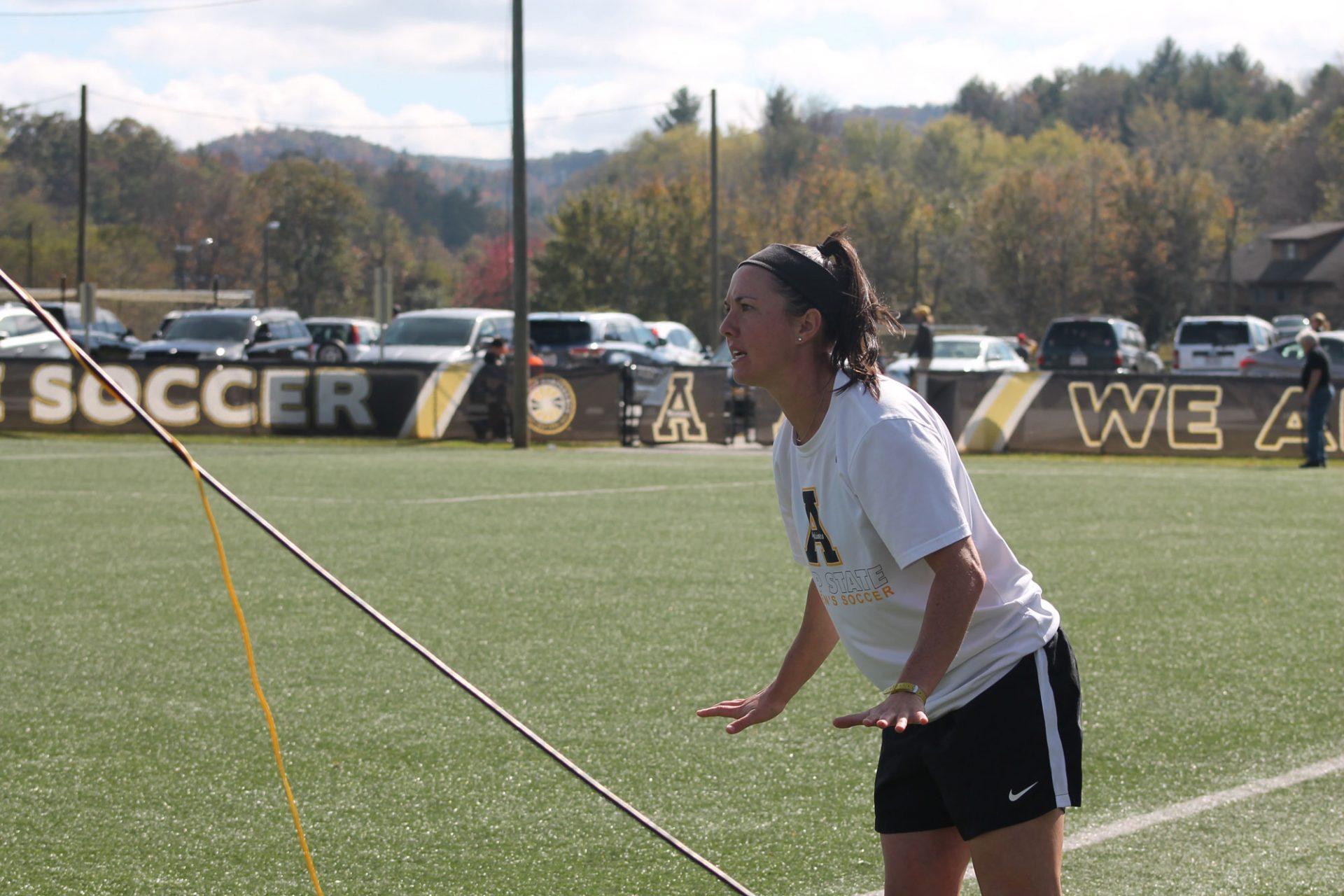 The App State women’s soccer assistant coach Brittany Bolock instucting the team from the sidelines during the game against Coastal Carolina in the fall of 2017. 