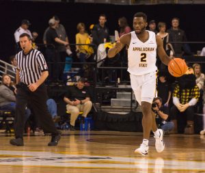 NBA draft hopeful Ronshad Shabazz brings the ball up the floor during a Mountaineer home game. Shabazz finished his career ranked first in App State history with 712 field goals made and second in points with 2,067.