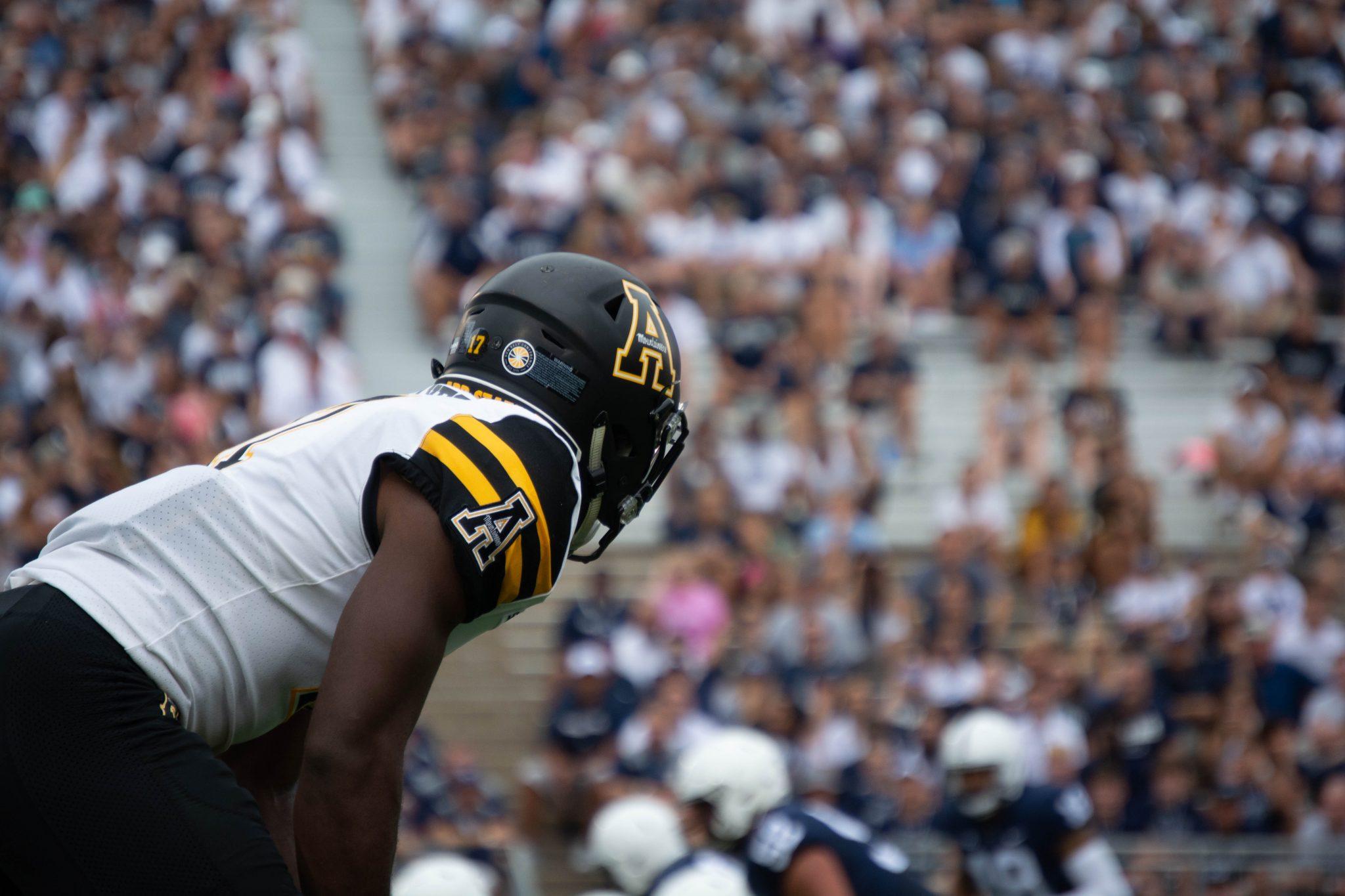 Senior cornerback Tae Hayes gets ready for the next play against Penn State. App State lost to the Nittany Lions 45-38.