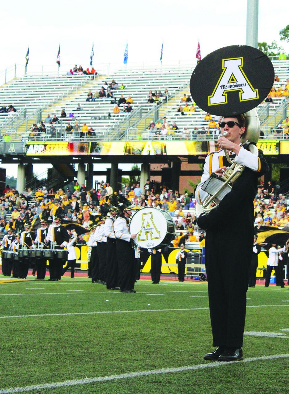 The Marching Moutaineers preforming their half time show inspired by the band Earth, Wind, and Fire.