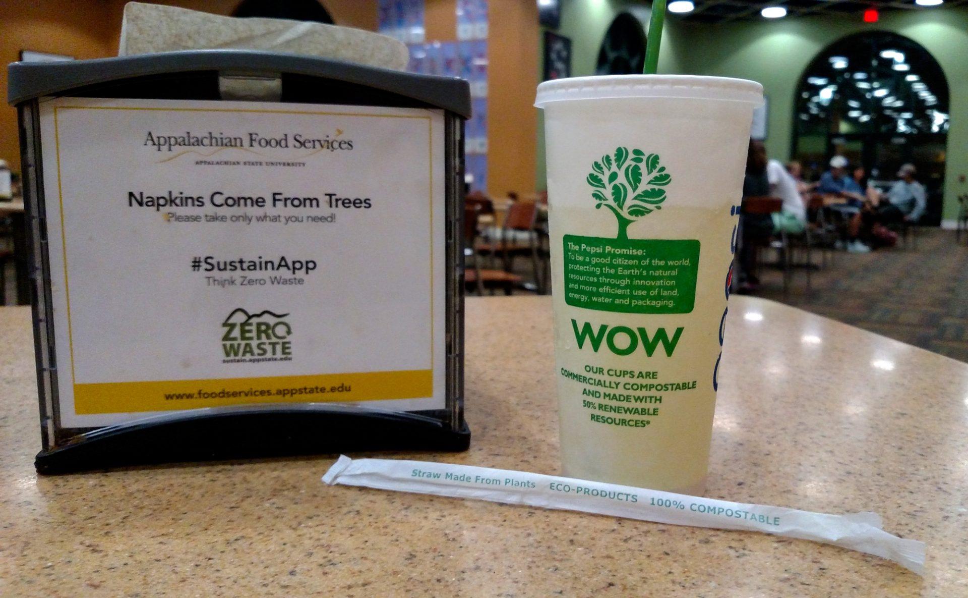 The new cups and straws at Central Dining Hall. These are apart of several initiatives to make App State sustainable. 