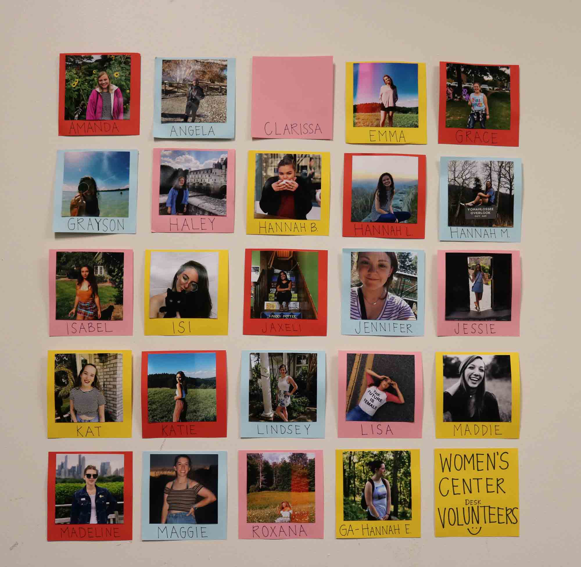 Pictures of volunteers decorate the wall of the Womens Center.