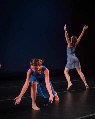 Bronwyn Weismiller and Abby Buhler perform a section from Susan Lutzs 2018 dance, Whats the Point? The piece was performed as part of the Department of Theatre and Dances Fall Appalachian Dance Ensemble concert in November. Courtesy of the Department of Theatre and Dance