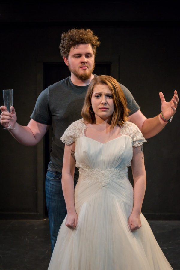 The Lord of the Underworld, played by theatre arts sophomore Noah Wyche, stands over Eurydice, played by junior theatre arts major Zoe Dean, in Appalachian State Universitys upcoming Department of Theatre and Dance production of Eurydice by Sarah Ruhl.