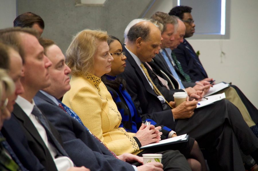 Chancellor Sheri Everts listens during the Board of Governors meeting that was at App State for the first time in over 20 years. The BOG voted to raise athletic and student fees at the meeting. 