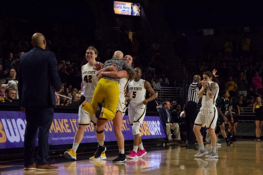 App+State+womens+basketball+head+coach+Angel+Elderkin+embraces+redshirt+senior+guard+Madi+Story+after+the+team+won+the+WBI+Championship+on+April+3.+Elderkin+signed+a+four-year+contract+extension+on+April+8.