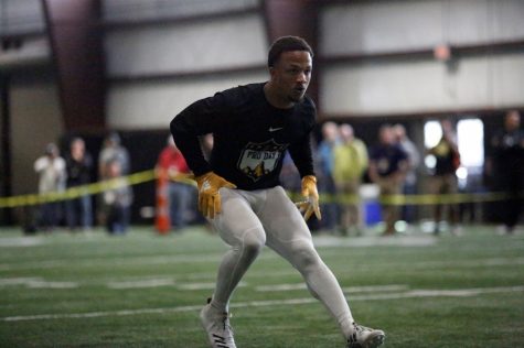 Junior cornerback Clifton Duck performs agility drills at App State Pro Day. 