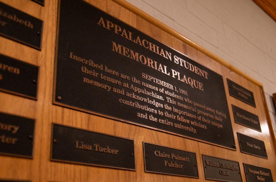 The Student Memorial Plaque is up all year on the first floor of the B.B. Dougherty Administration Building. The plaque has the names of students who have died while an App State student. 