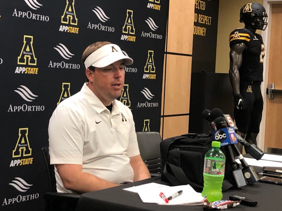 Head+coach+Eliah+Drinkwitz+at+the+first+post+game+press+conference+of+his+App+State+career+after+the+Mountaineers+beat+ETSU+42-7+on+Aug.+31.