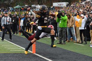Junior wide receiver Corey Sutton scores a touchdown in App States 21-10 win over Troy on Nov. 24, 2018.