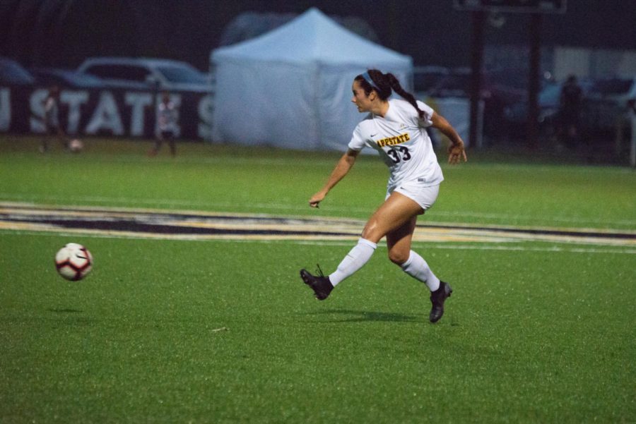 Freshman forward Liney Brantley passes the ball across midfield during App State's  2-1 win over FIU on Sept. 13. 