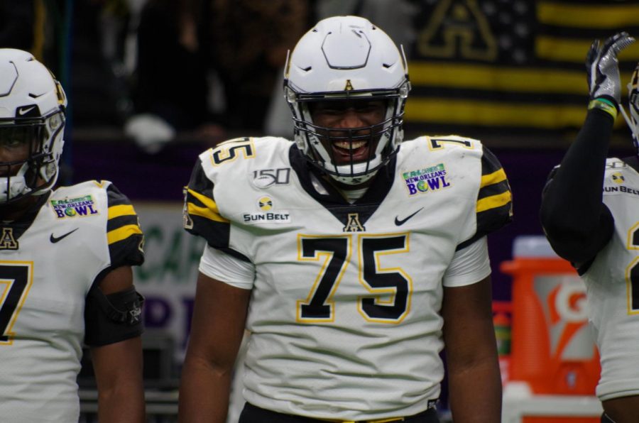 Senior offensive lineman Victor Johnson at the New Orleans Bowl. Johnson was selected to play in the NFLPA Collegiate Bowl and was joined by teammate Jordan Fehr. 