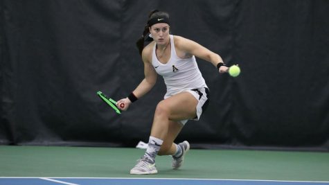 Junior Teodora Sevo in action during a match last year. Sevo and the Mountaineers look to build off of what they accomplished a season ago.