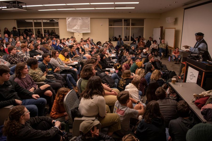 Rev. Dr. Bradford Lilley of High Point, NC, speaks to an overflowing room of App State Students on Tuesday night. Lilley, a former member of the Winston-Salem chapter of the Black Panther Party, spoke about his experiences with racism, police brutality and activism in North Carolina.