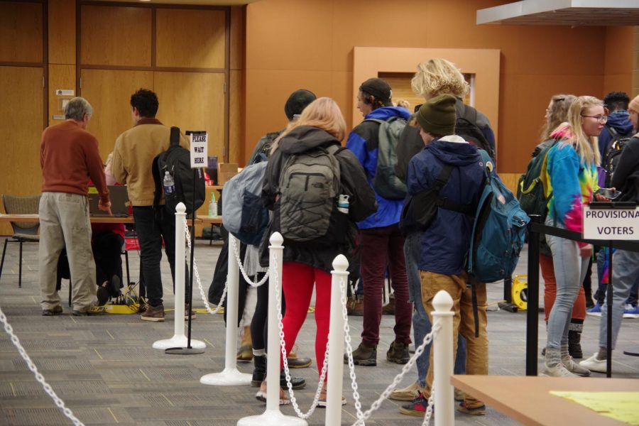 Voters stand in line to vote at the voting site in the Plemmons Student Union voting site on Super Tuesday March 2020.