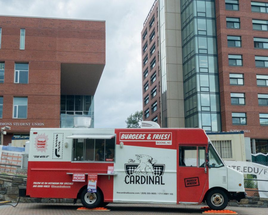 Cardinal food truck on Sanford Mall. Students are required to use the Grub Hub app to purchase items from the food trucks.