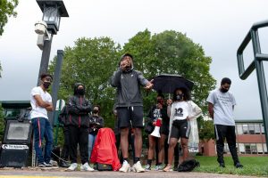 Camerun Peoples speaking during the Wake the Chancellor event on Sanford Mall Aug. 31, 2020. 