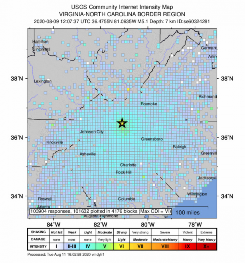 The earthquake hit Sparta at 8:07 a.m. and was felt in Boone. This map shows the intensity levels experienced in surrounding towns.