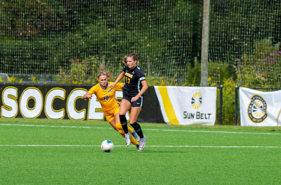 Senior midfielder/forward Tess Cairney in action during a loss against Pitt Sept. 13. On Friday, Cairney scored a goal in the 87th minute to lift App State past Troy 1-0 at the Ted Mackorell Soccer Complex. 