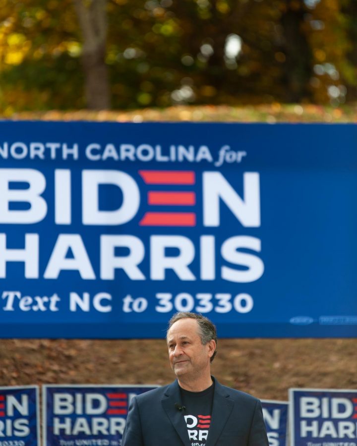 Doug Emhoff, husband of Kamala Harris, gives a speech to inspire voters in Watauga county to get out and vote for candidate Joe Biden during an early voting mobilization event held at Booneshine Brewery in Boone, N.C. on October 26.