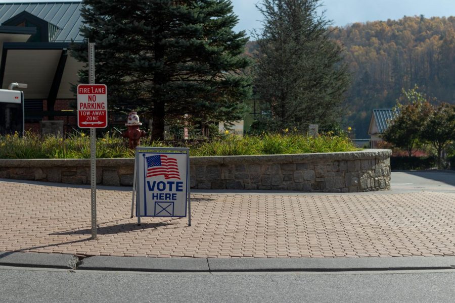 A+sign+in+College+Street+Circle+informs+community+members+that+early+voting+is+taking+place+in+the+Plemmons+Student+Union+Blue+Ridge+Ballroom+for+the+2020+presidential+election.