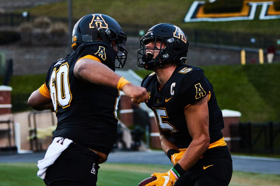 Senior wide receiver Thomas Hennigan (right), started the 50th game of his App State career on Saturday against Georgia Southern. He caught eight passes for 64 yards and a touchdown in the win over the Eagles. 