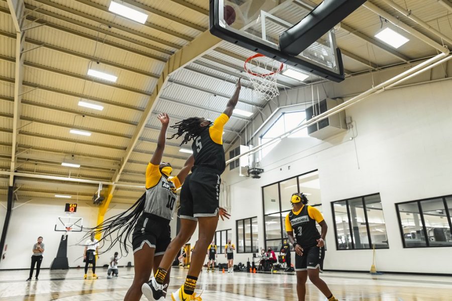 Senior guard Pre Stanley (#5) shoots a layup during an App State women's basketball preseason practice. Stanley, who was named to the preseason all-Sun Belt second team, is making the switch from shooting guard to point guard in 2020. 