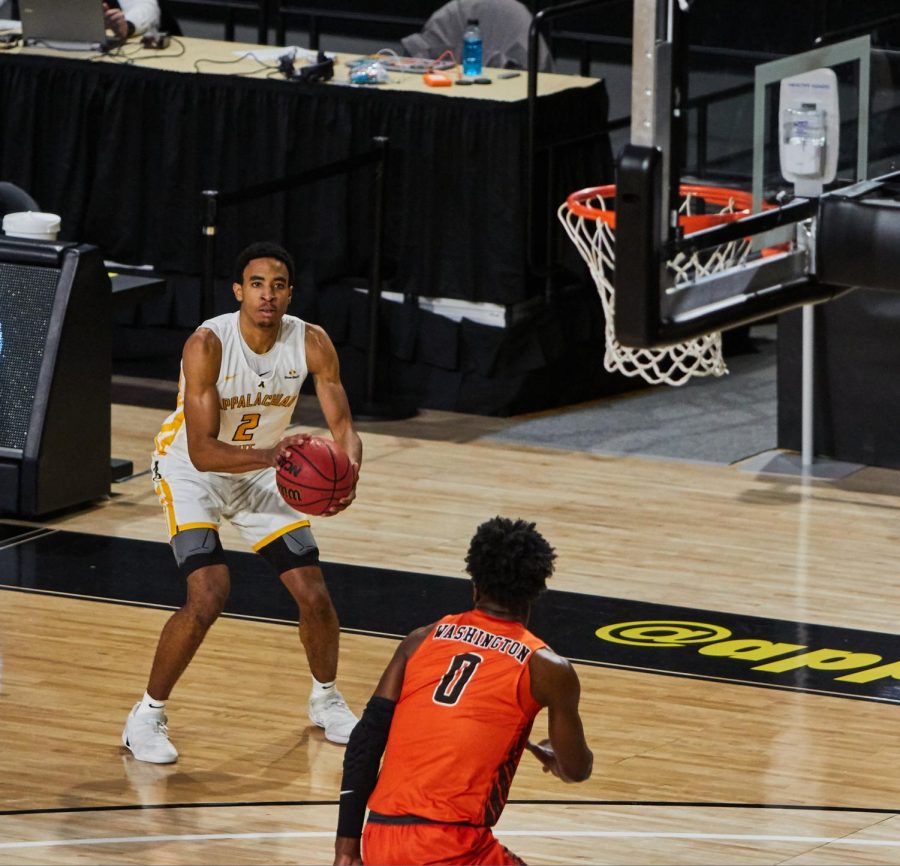 Former App State sophomore forward Kendall Lewis sets up for a three during the Mountaineers 78-76 overtime loss to Bowling Green Nov. 30 in Boone. 