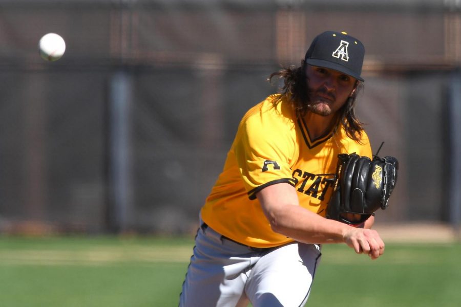 Former App State reliever Kaleb Bowman throws a pitch during his career with the Mountaineers from 2018-19. The Round Hill, Virginia native played for Spartanburg Methodist from 2016-17 before transferring to to App State. 