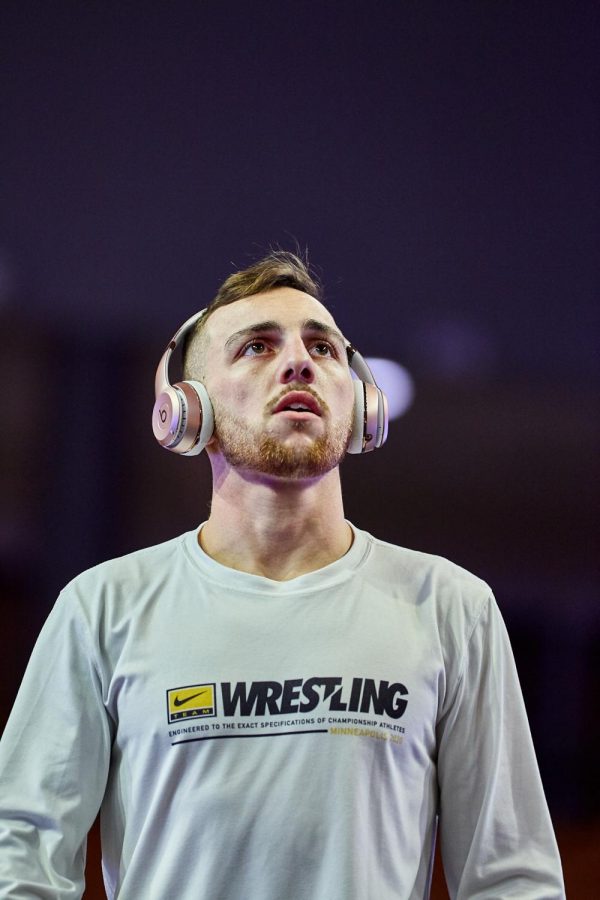 App State redshirt senior wrestler Codi Russell looks on before a match this season. The Atlanta native is currently ranked in the Top 25 in the NCAA at 125 pounds by all five major outlets. (The Open Mat, TrackWrestling, WrestleStat, Flo Wrestling, InterMat)