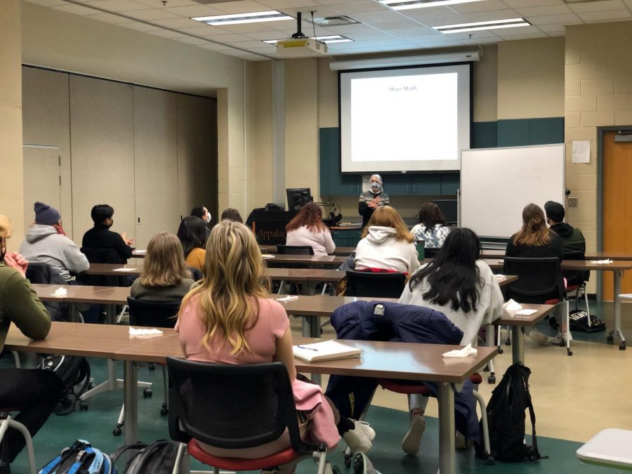 Alicia Toomey teaches her American Sign Language I class in Holmes Convocation Center. AppHealthCare says that it’s too soon to see a COVID-19 related pattern among the university community with students back on campus. 	
