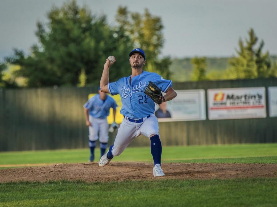 Former App State pitcher Kaleb Bowman pitches during a game with the Fredericton Royals, a member of the New Brunswick Senior Baseball League in Canada. In 2019 with the Mountaineers, Bowman set a program record for most innings in a season by a reliever.  