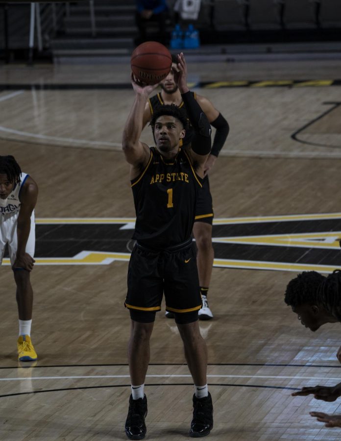 App State senior guard Justin Forrest takes a free throw during a 74-61 win over Georgia State Jan. 23 in Boone. In Saturdays OT win over Texas State in the Sun Belt quarterfinals, Forrest led App State with 28 points on 14-17 from the free throw line. 