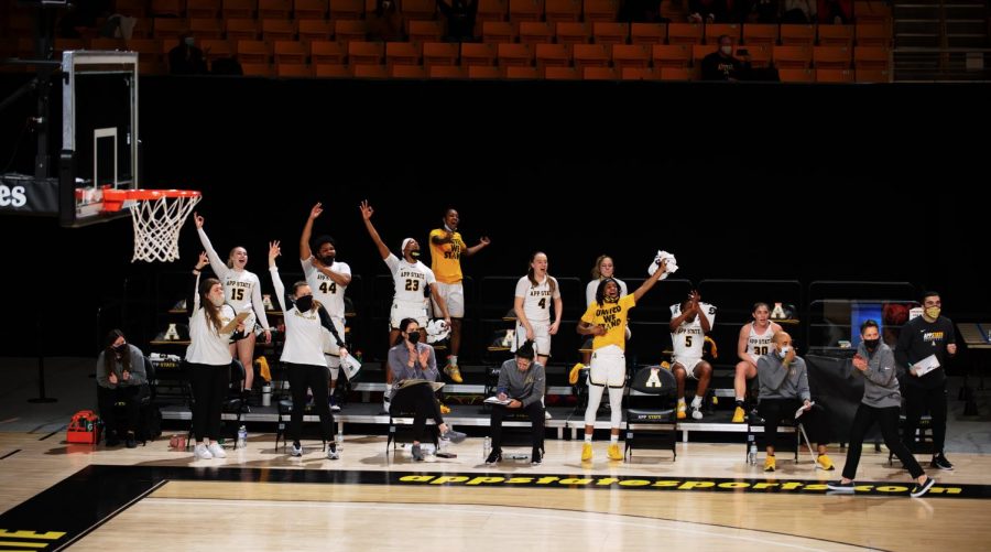 The+App+State+bench+celebrates+during+a+loss+to+Troy+Jan.+29+at+the+Holmes+Center+in+Boone.+The+Mountaineers+won+two+Sun+Belt+tourney+games+on+a+run+to+the+conference+semifinals%2C+before+falling+to+East+division+No.+1+seed+Troy+63-60+Sunday+in+Pensacola%2C+Florida.