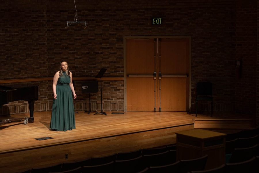 Kinsey Crabb, senior choral music education major, sings two pieces accompanied by Susan Slingland, staff accompanist. Crabb performed “There are Fairies at the Bottom of our Garden” by Liza Lehmann and “Come Down Angels” by Undine Smith Moore for the “Music by Women Composers” concert.