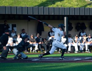 App State super senior infielder Robbie Young follows through on a swing against Wake Forest April 13 in Boone. Young has started all 28 games this year for the Mountaineers and ranks third on the team with a .289 batting average. 