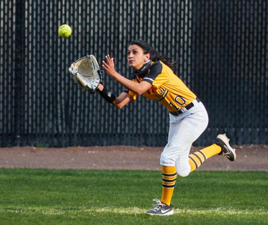 App State senior outfielder Gabby Buruato makes a play in the Mountaineers win over UNCG April 7 in Boone. Buruato has been locked in at the plate this season, leading the team with a .370 batting average, good for No. 10 in the Sun Belt. 